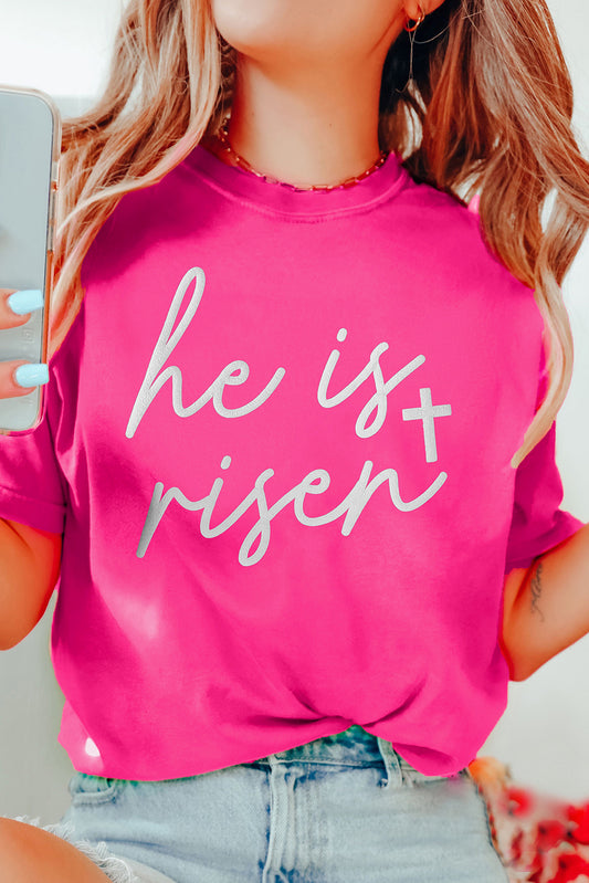 Rose Red Glitter "He is Risen" Cross Printed Crewneck Tee