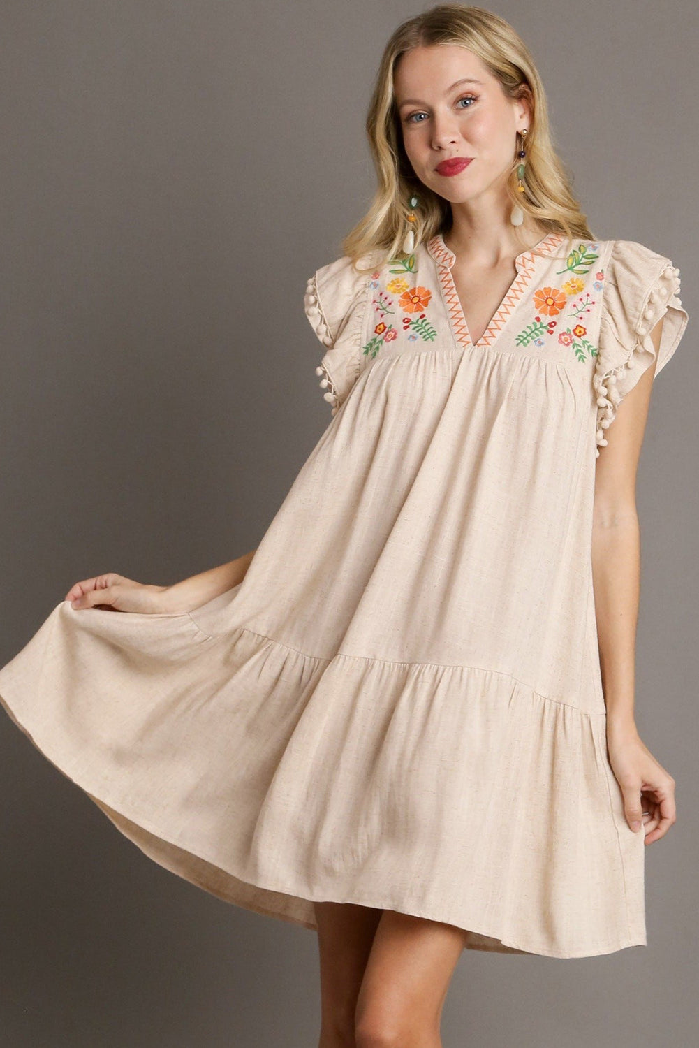 Jet Stream Linen Embroidery Split Neck Ruffle Sleeves Flowy Dress