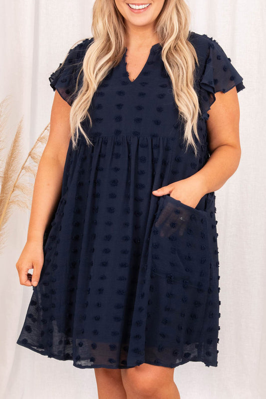 Navy Blue Dotty Textured Notched Neck Plus Size Dress