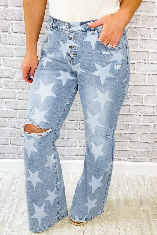 Sky Blue Star Printed Multi Button Plus Size Jeans