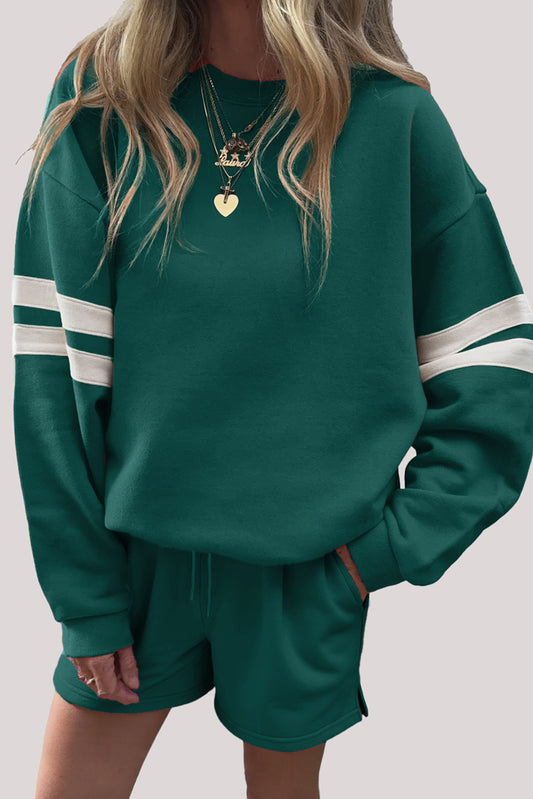 Evergreen Varsity Striped Sleeve Drop Shoulder Sweatshirt and Shorts Set