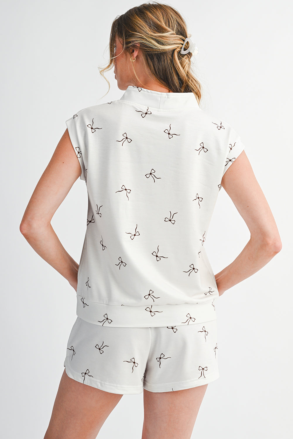 Beige Bow Print Half Zip Tank Top and Shorts Set