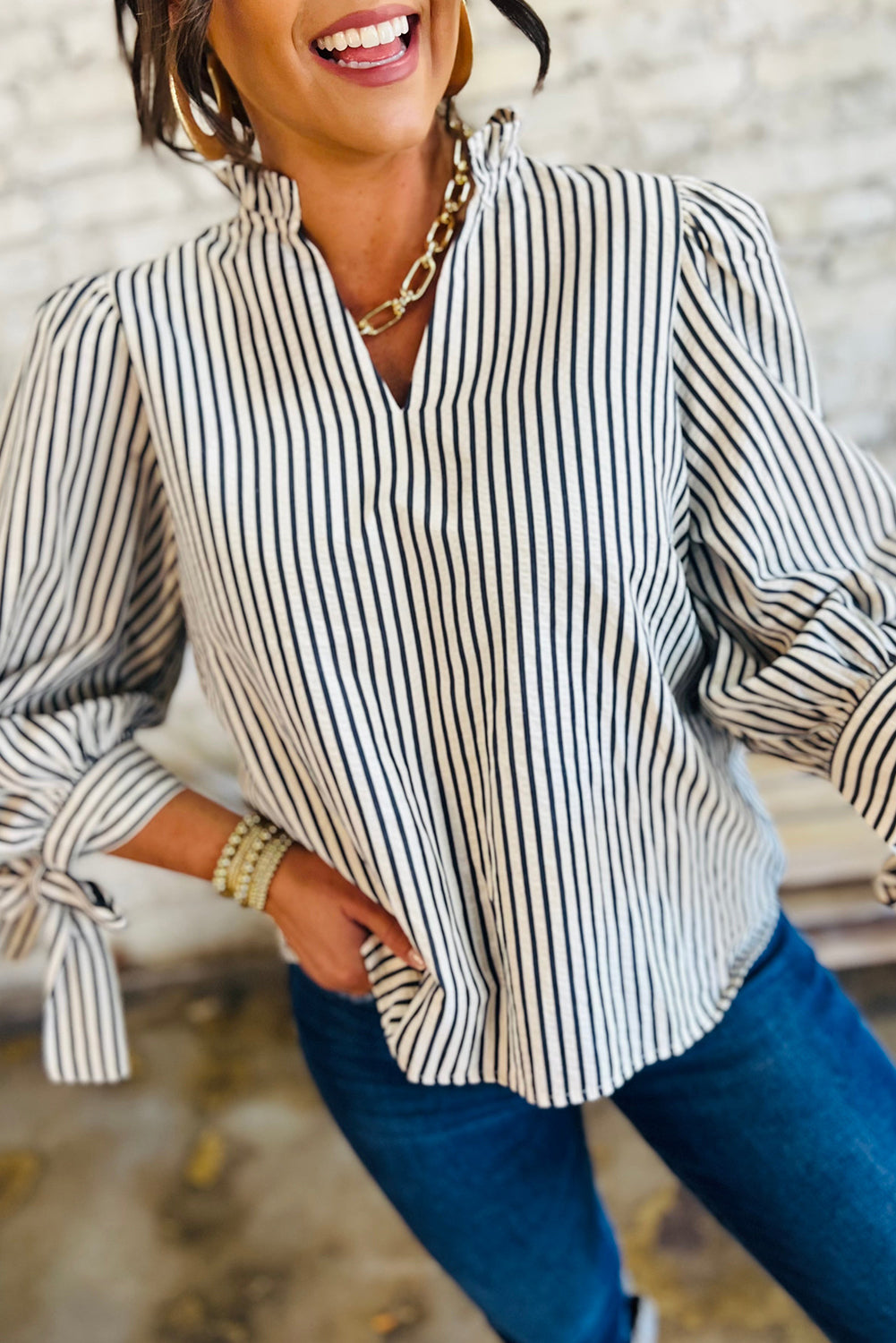 Black Stripe Frill V Neck Knot Cuffs Blouse
