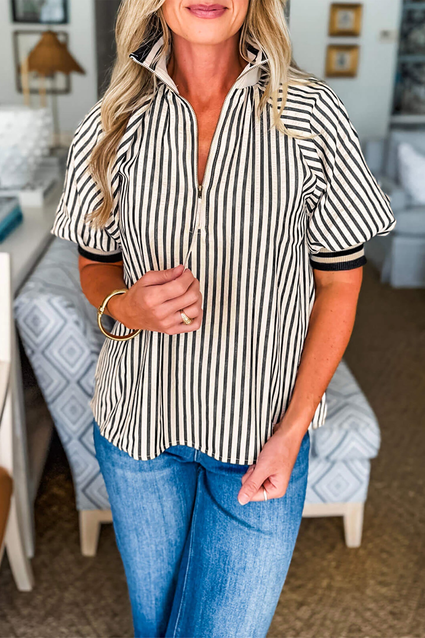 Black Stripe Puff Sleeve Blouse