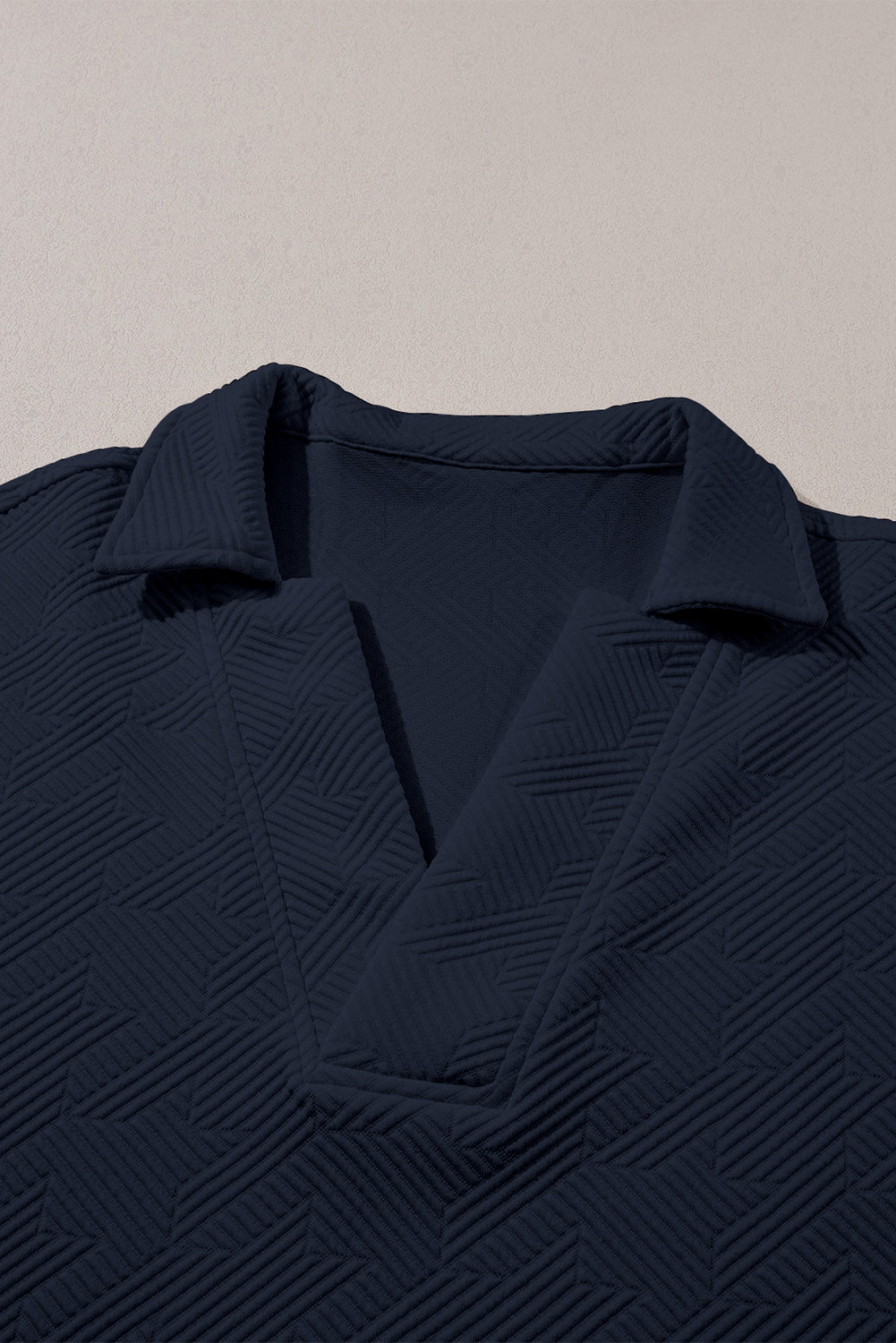 Navy Blue Textured V Neck Collared Slit Hem T Shirt