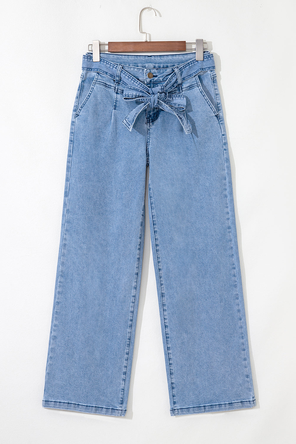 Beau Blue Western Washed Bow Knot Sash Wide Leg Jeans