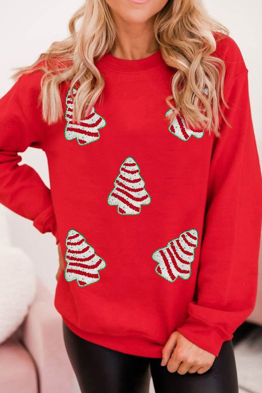 Red Playful Christmas Tree Patch Application Dropped Shoulder Sweatshirt