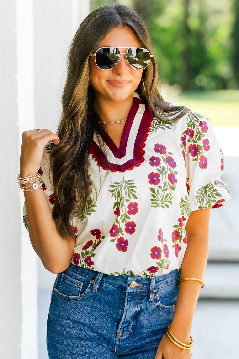 White Floral Short Bubble Sleeve Contrast Slit Neckline Blouse