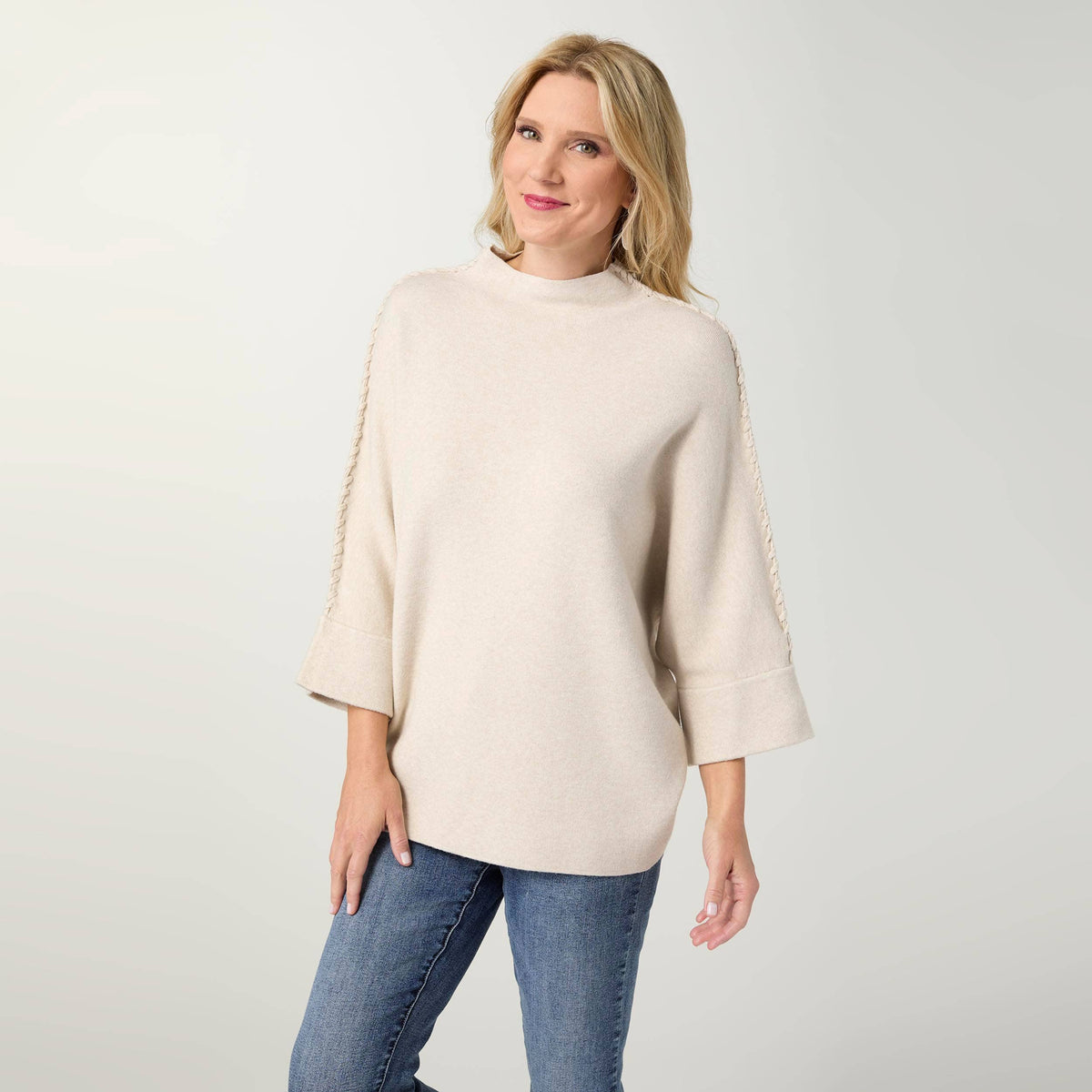 Heavenly-Luxe Stitch Detail Funnel Neck Sweater: Oatmeal / L/XL