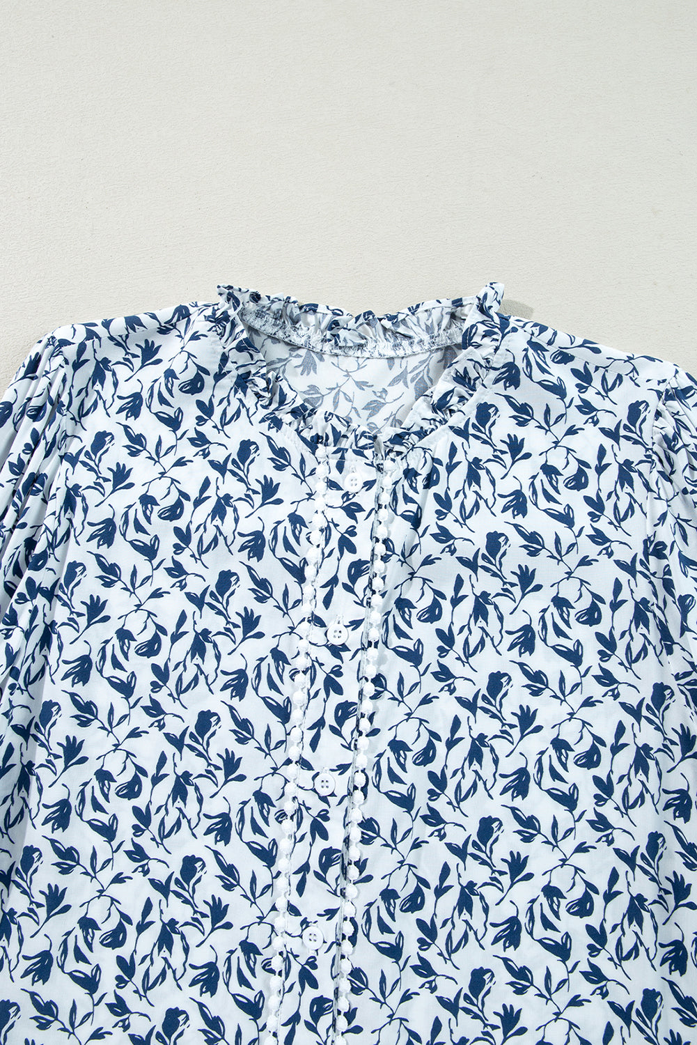 Khaki Printed Floral Print Lace Detail Puff Sleeve Shirt