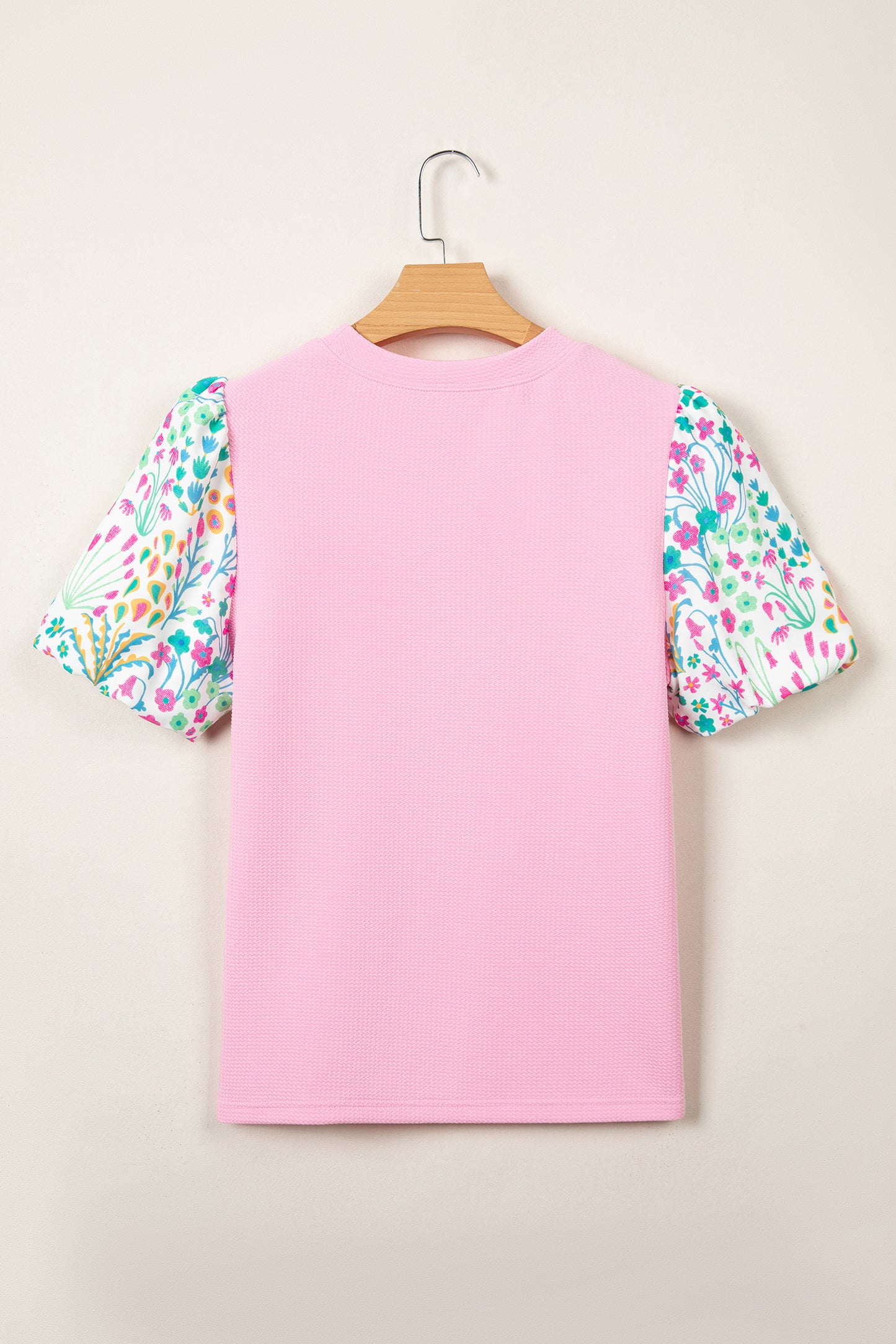 Light Blue Round Neck Textured Contrast Floral Bubble Sleeve Blouse
