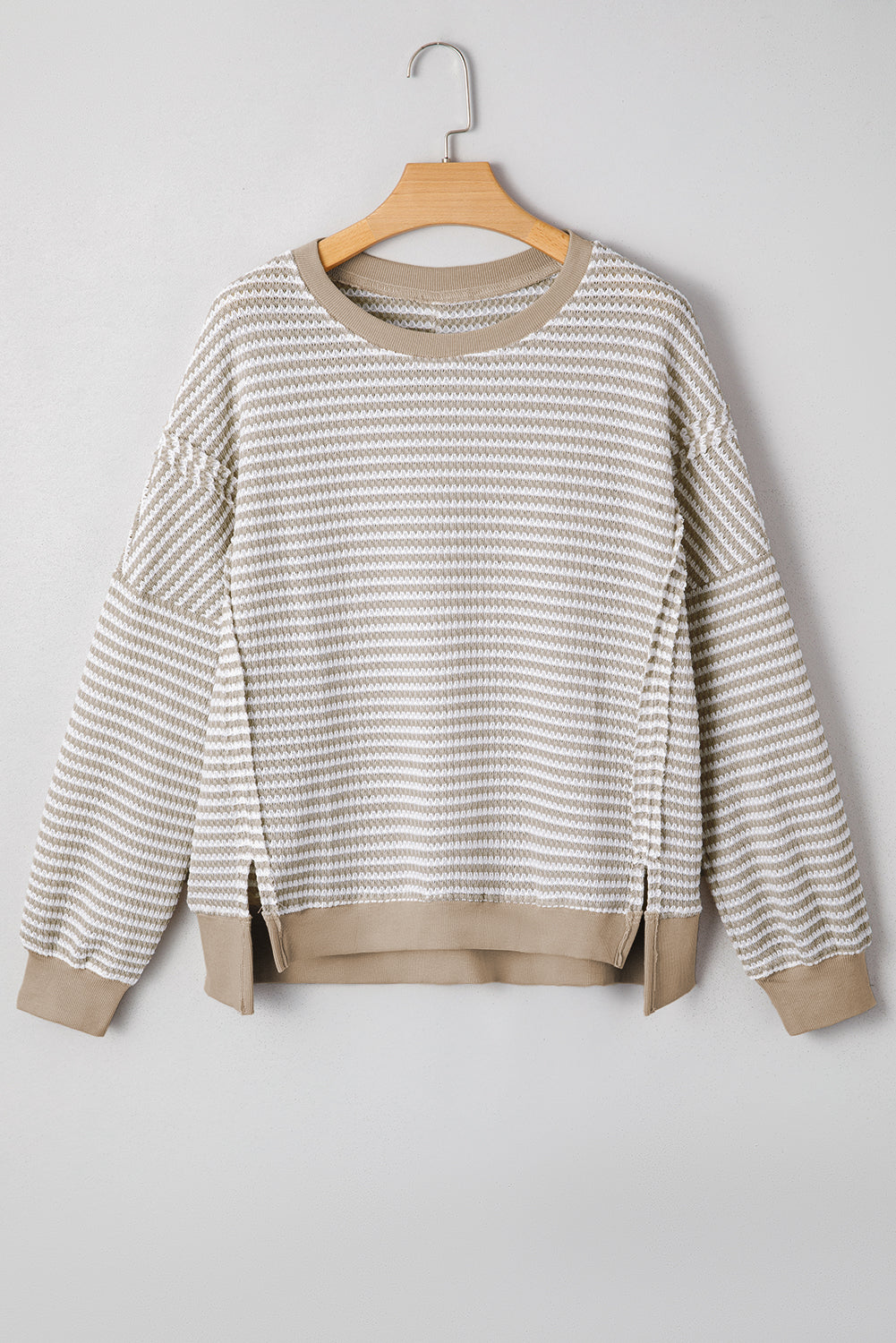 Brown Stripe Ribbed Trim Drop Shoulder Long Sleeve Oversized Top