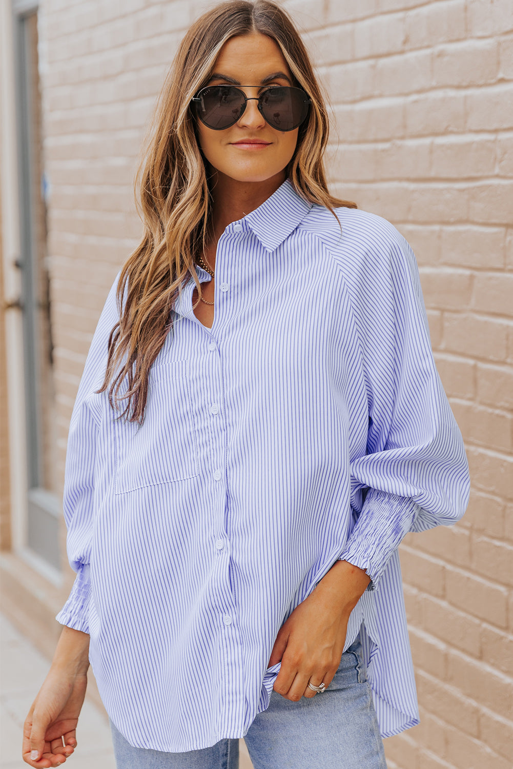 Blue Stripe Striped Casual Shirred Cuffs Shirt