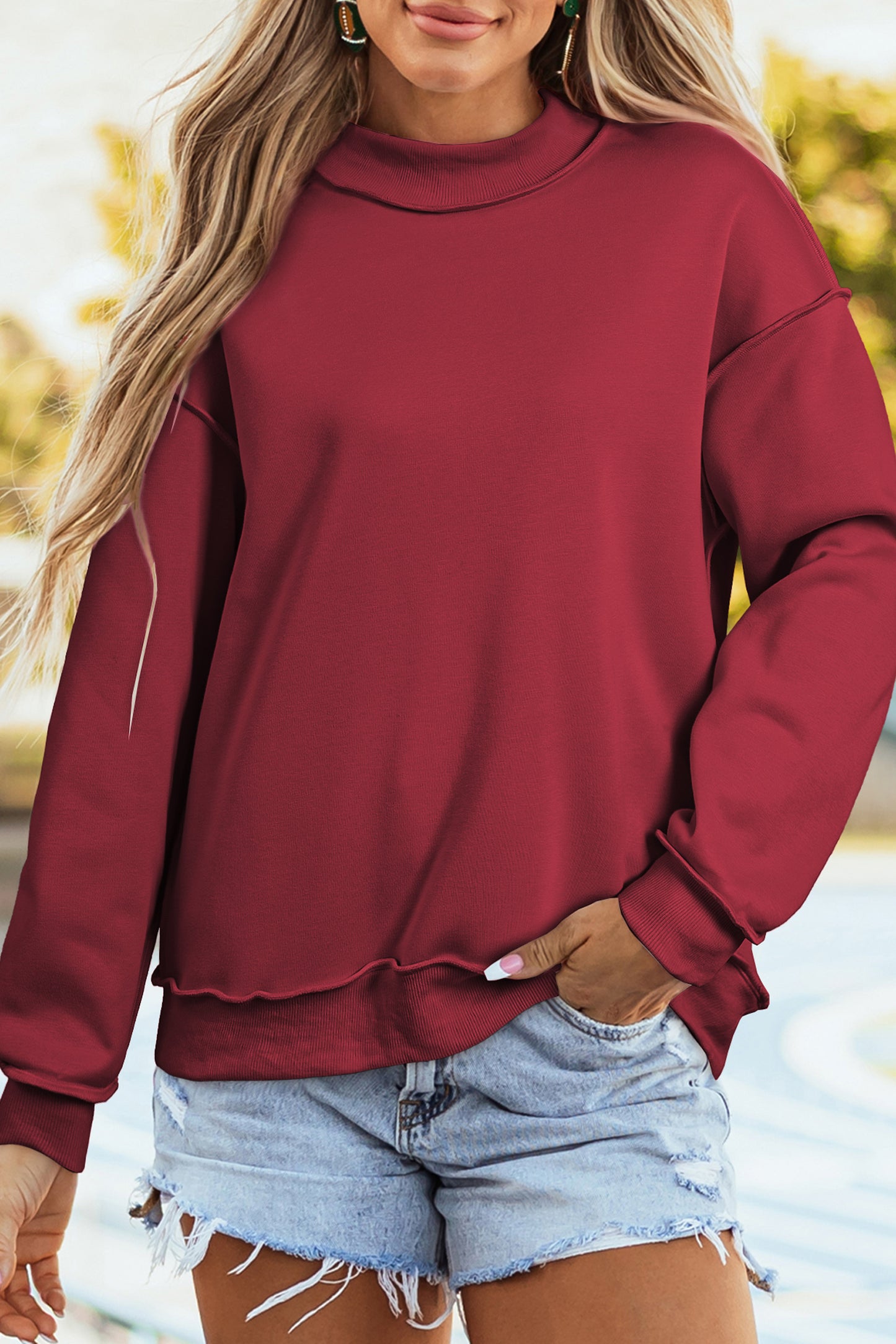 Apricot Oversize Drop Shoulder Reversible Mock Neck Sweatshirt