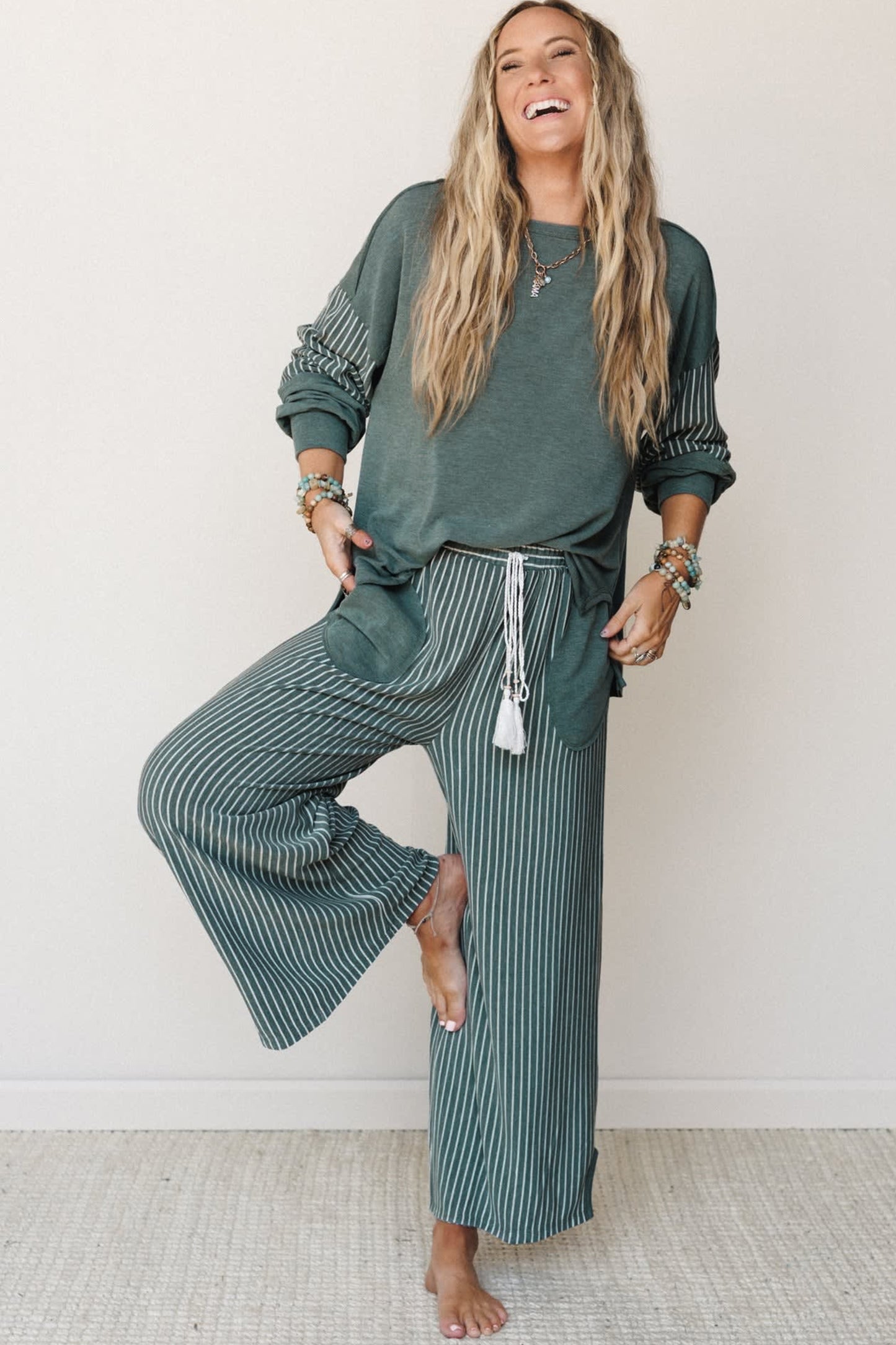 Fushia Raw Seam Patchwork Long Sleeve Top Pocket Casual Pants 2pcs Set