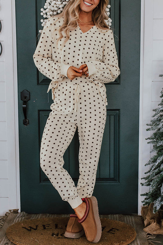 White Polka Dot Print Pullover Drawstring Jogger Pants Pajama Set