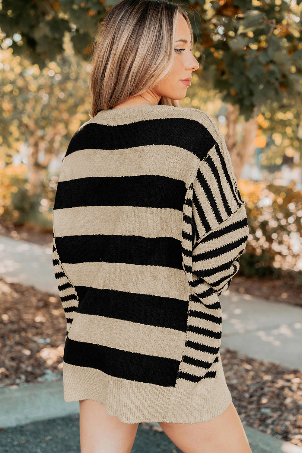 Black Stripe Drop Shoulder Sleeve Patchwork Baggy Sweater