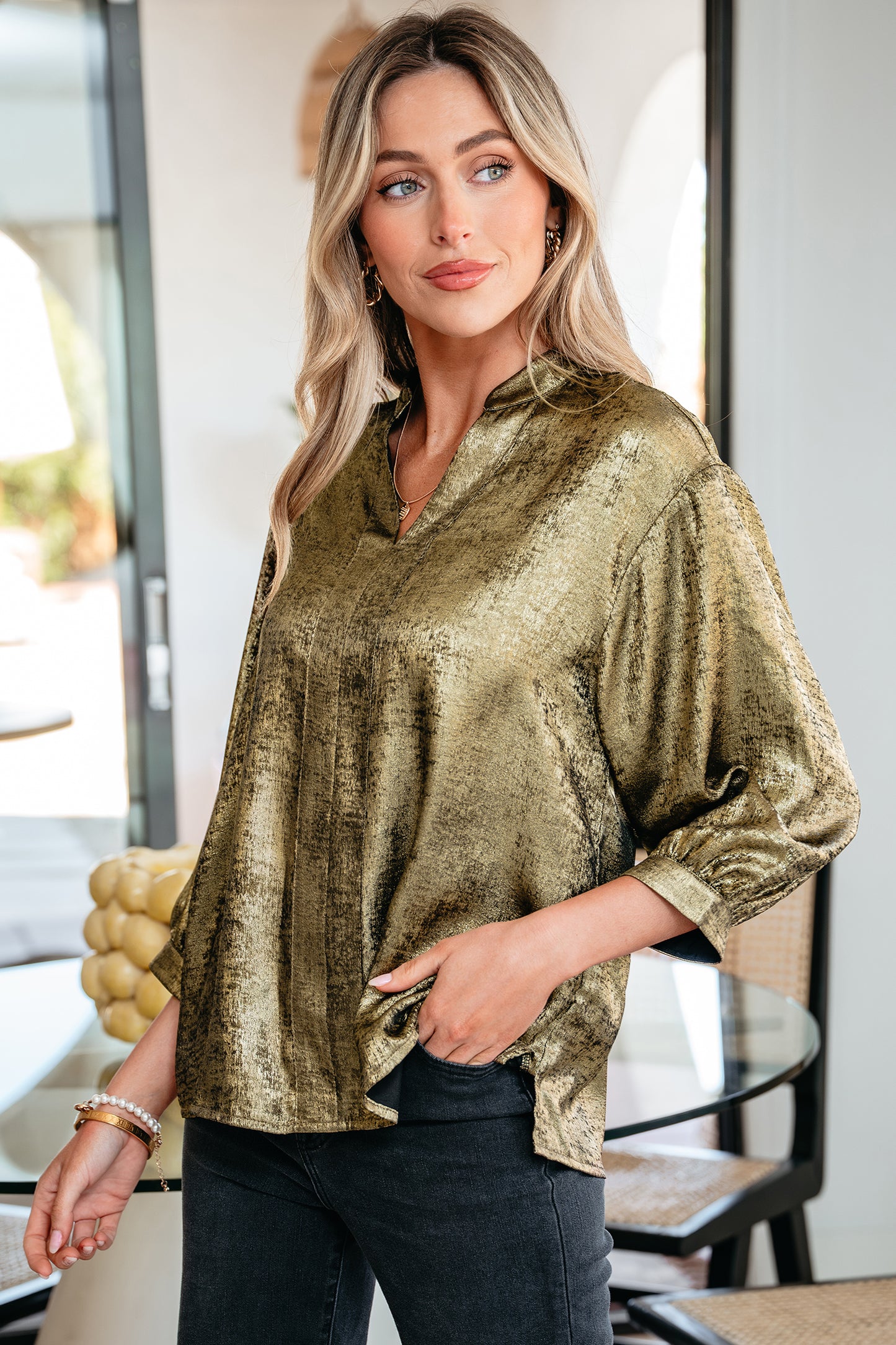 Gold Metallic Split Neck Half Sleeve Blouse