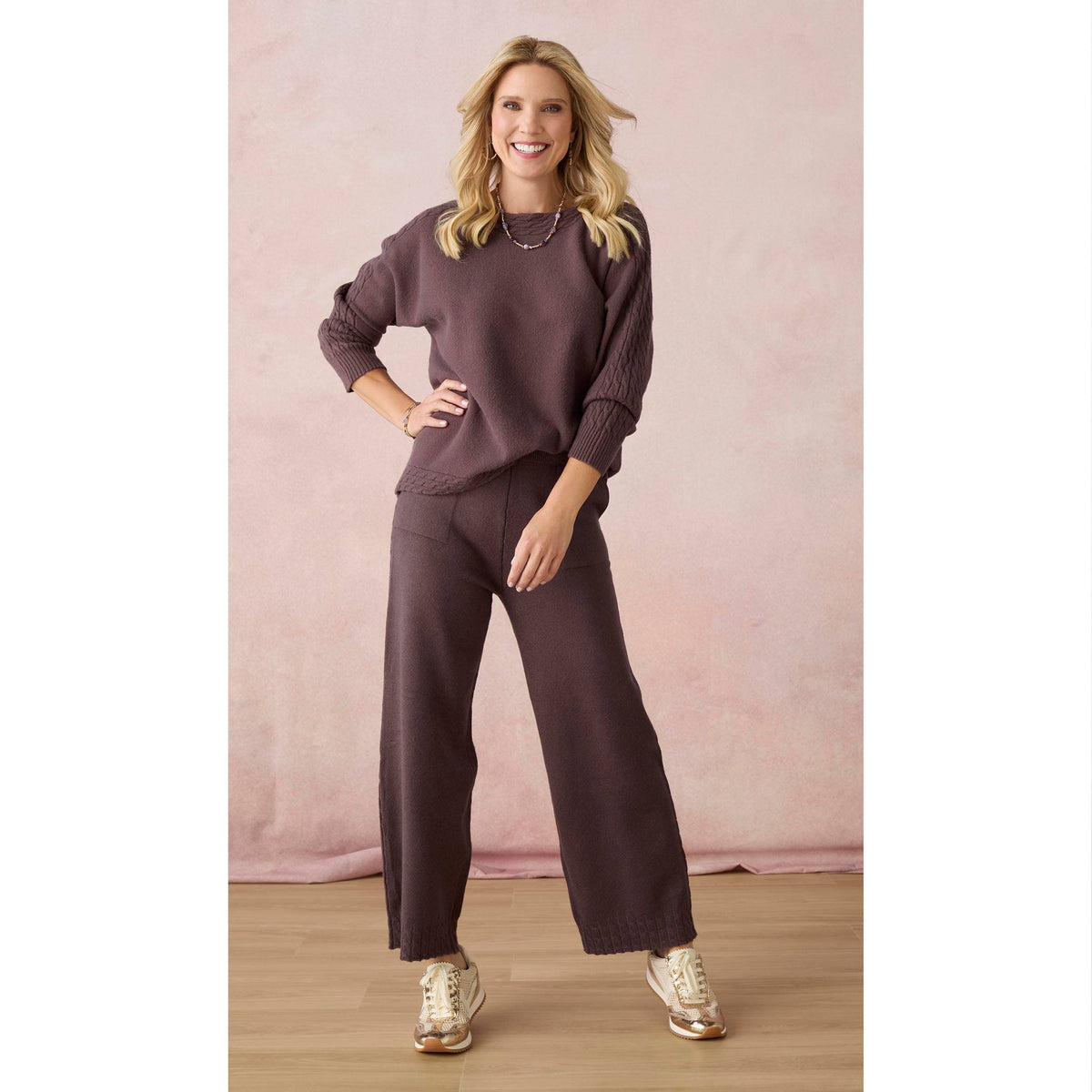 Heavenly-Luxe Cable Knit Detail Dolman Sweater: French Roast / L/XL
