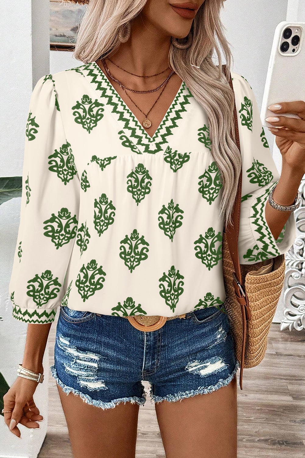 Green Damask Floral Print Contrast V Neck 3/4 Sleeve Blouse