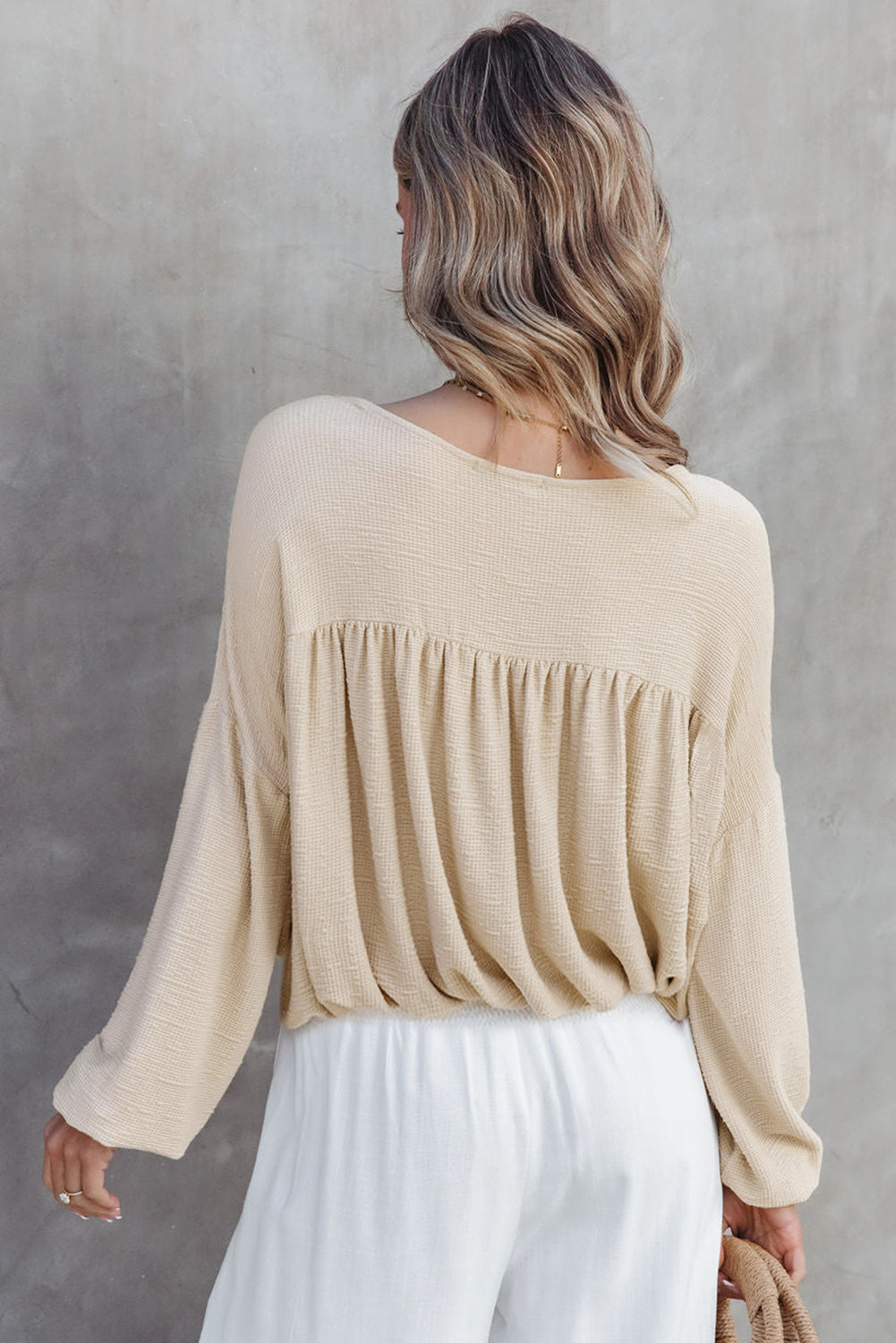 Jet Stream Waffle Textured Pleated Long Sleeve Top