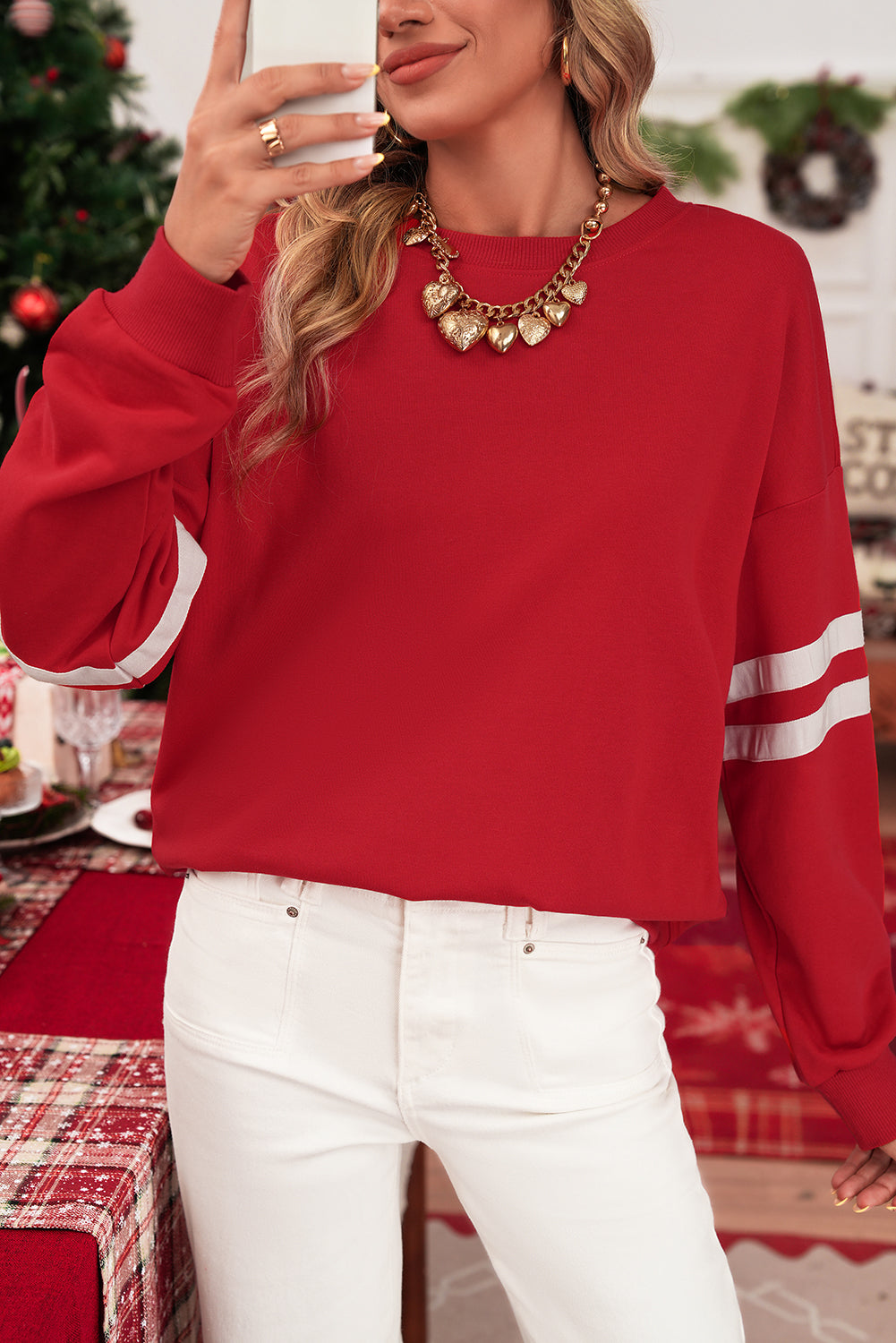 Fiery Red Preppy Striped Sleeve Loose Sweatshirt