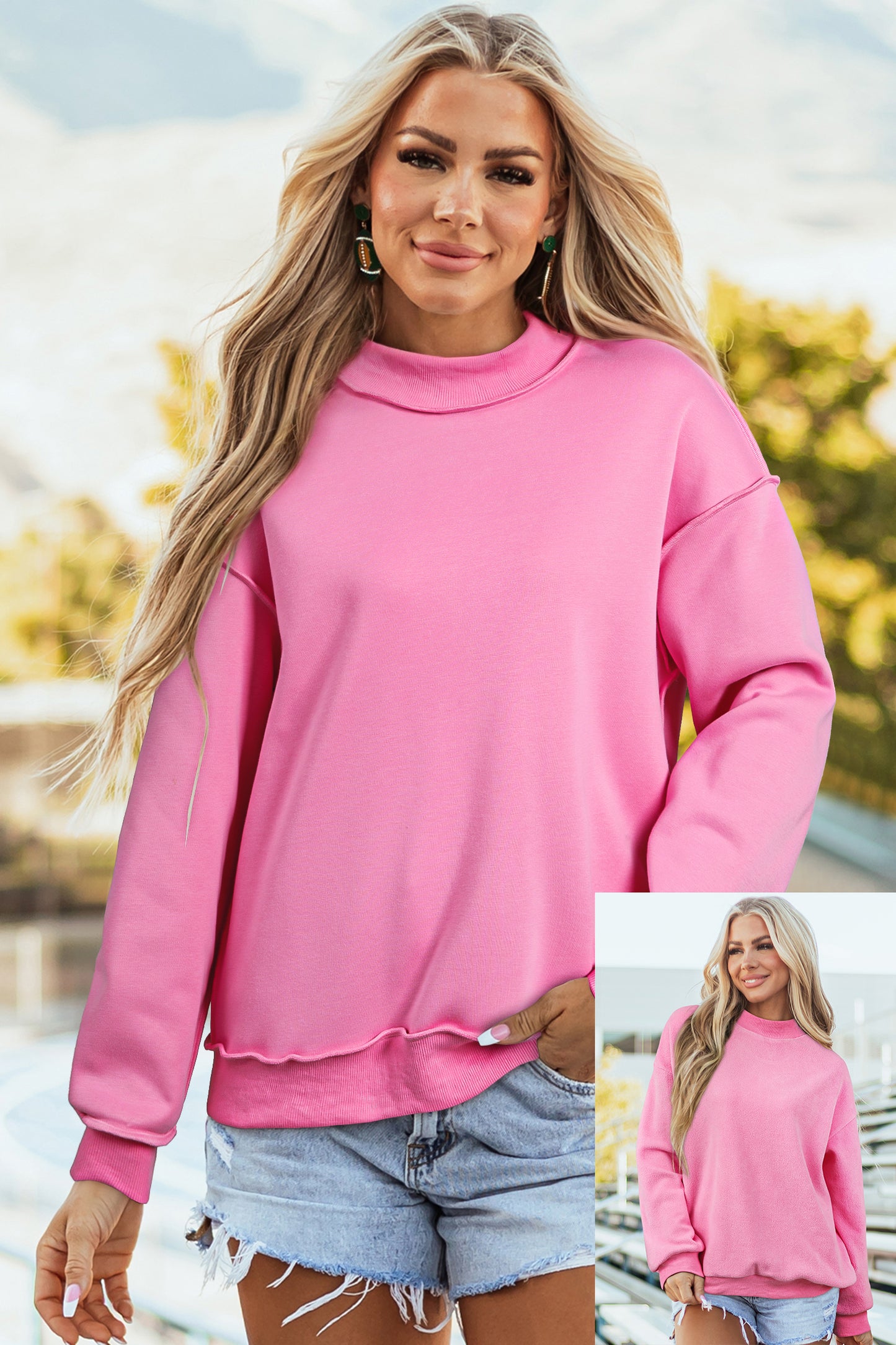 Apricot Oversize Drop Shoulder Reversible Mock Neck Sweatshirt