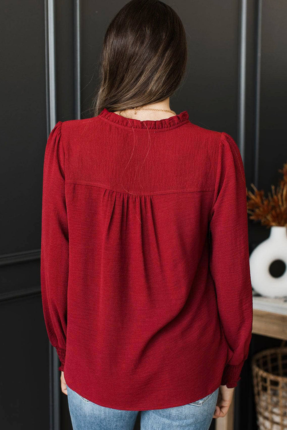 Burgundy Notched Neck Shirred Cuffs Long Sleeve Blouse