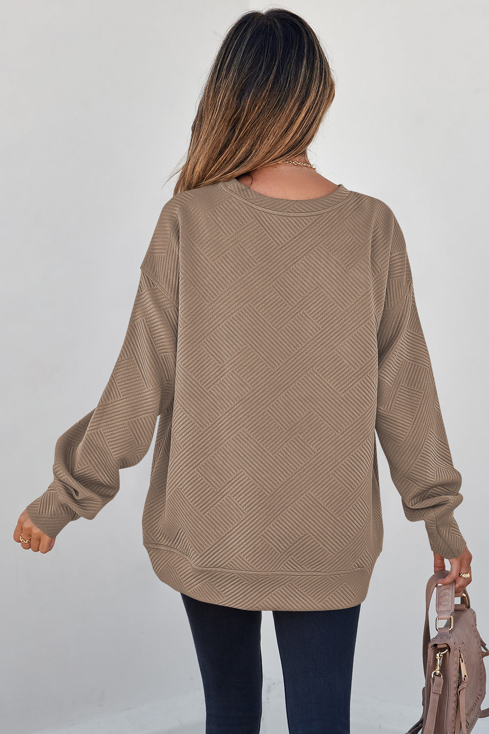 Jungle Green Solid Color Textured Round Neck Drop Shoulder Pullover Sweatshirt