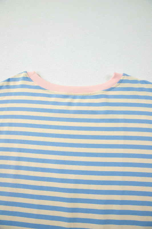 Sky Blue Stripe Plus Size Drop Shoulder Contrast Trim Round Neck Tee