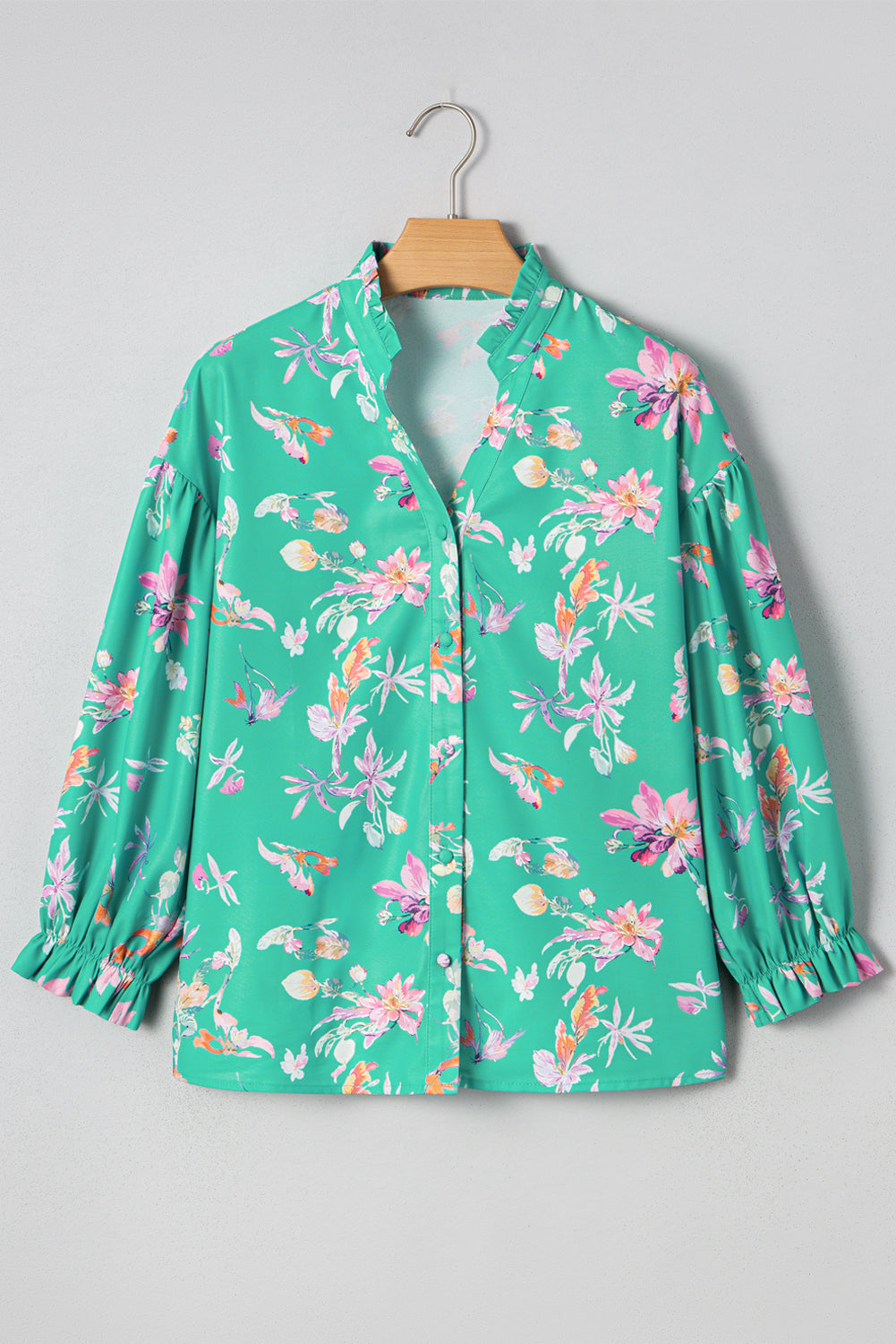 Green Floral Lantern Sleeve Button Front Shirt