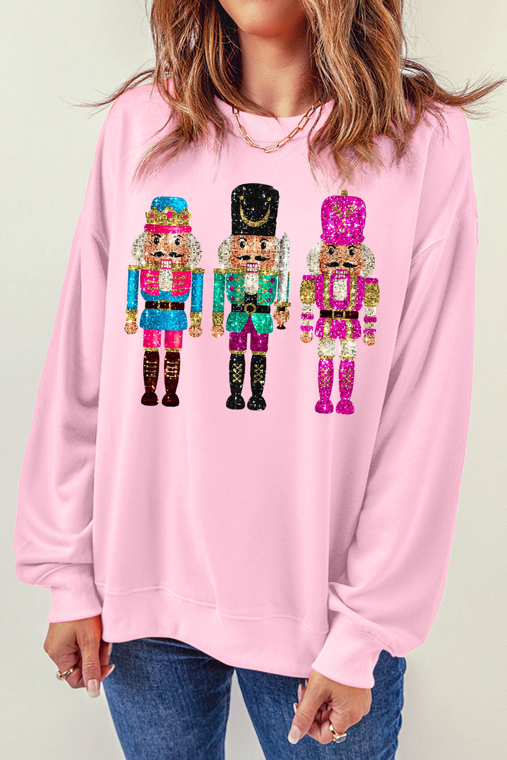 Pink Cute Nutcracker Heat Transfer Printing Graphic Drop Shoulder Christmas Sweatshirt