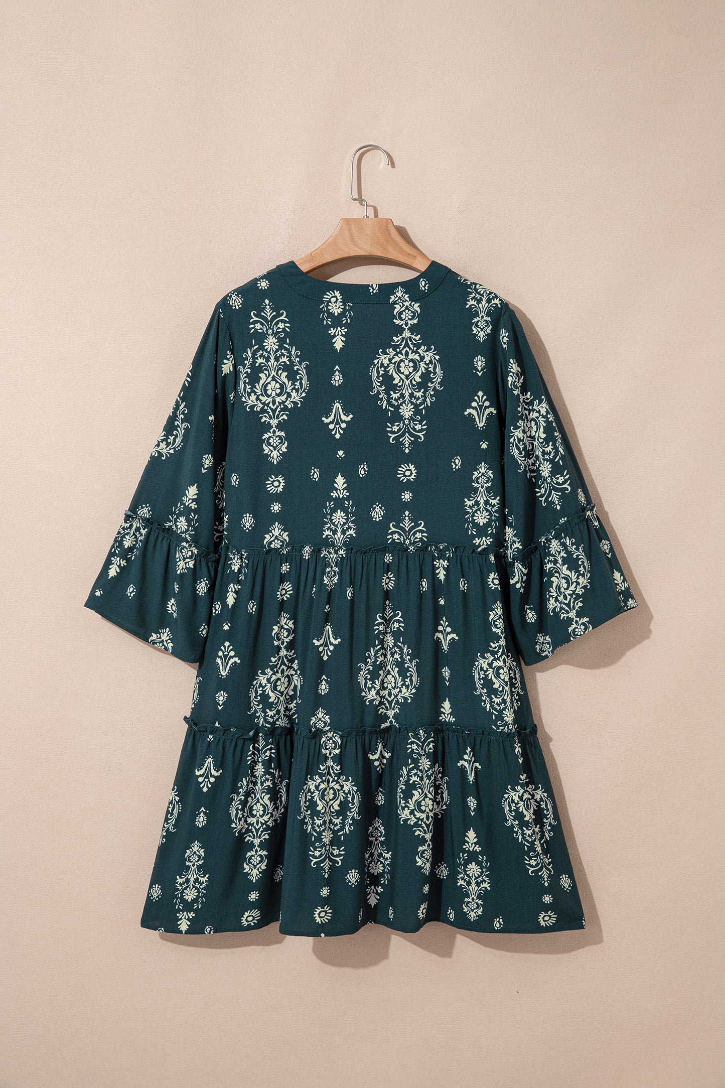 Sky Blue Boho Floral Print Lettuce Trim 3/4 Sleeve Mini Dress