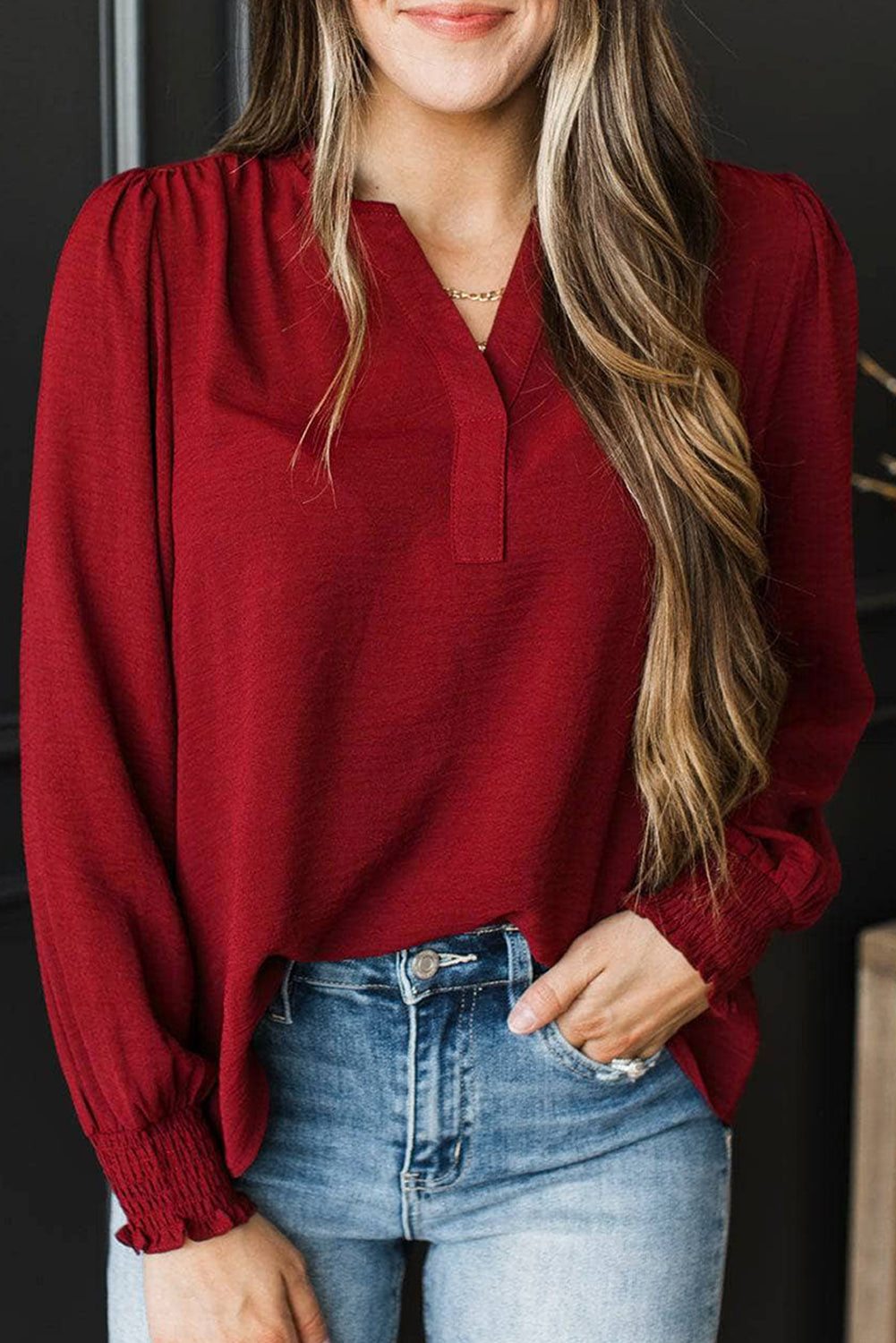 Burgundy Notched Neck Shirred Cuffs Long Sleeve Blouse