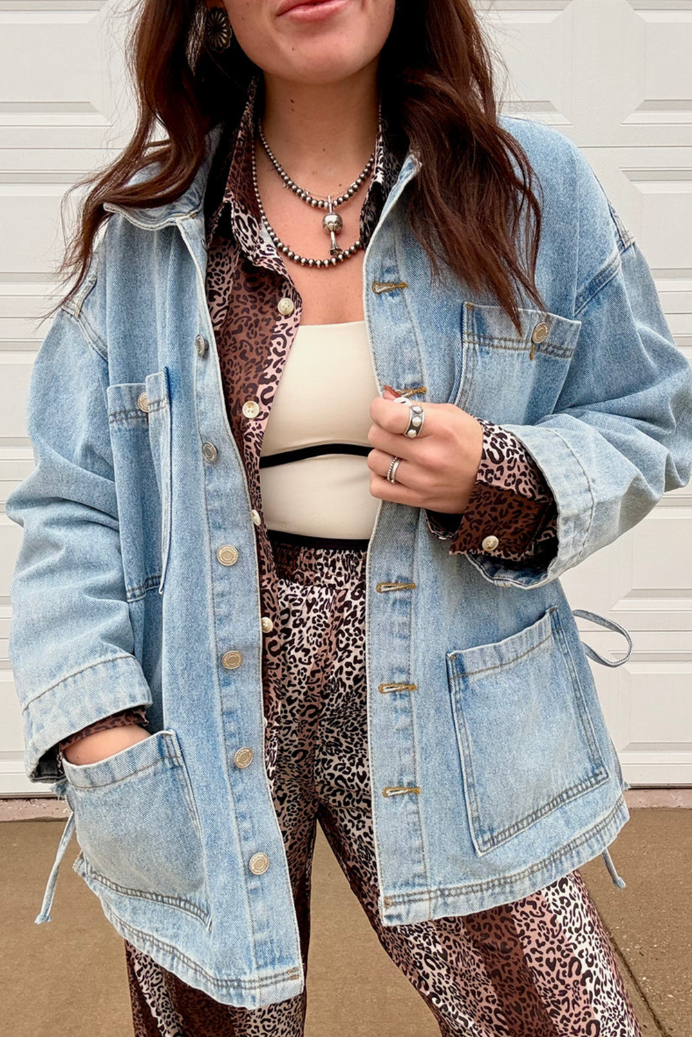 Beau Blue Multi Patched Pockets Side Tie up Boyfriend Style Denim Jacket
