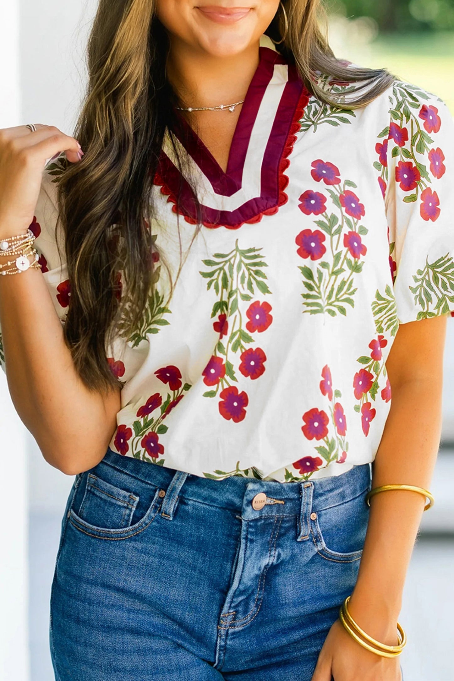 White Floral Short Bubble Sleeve Contrast Slit Neckline Blouse