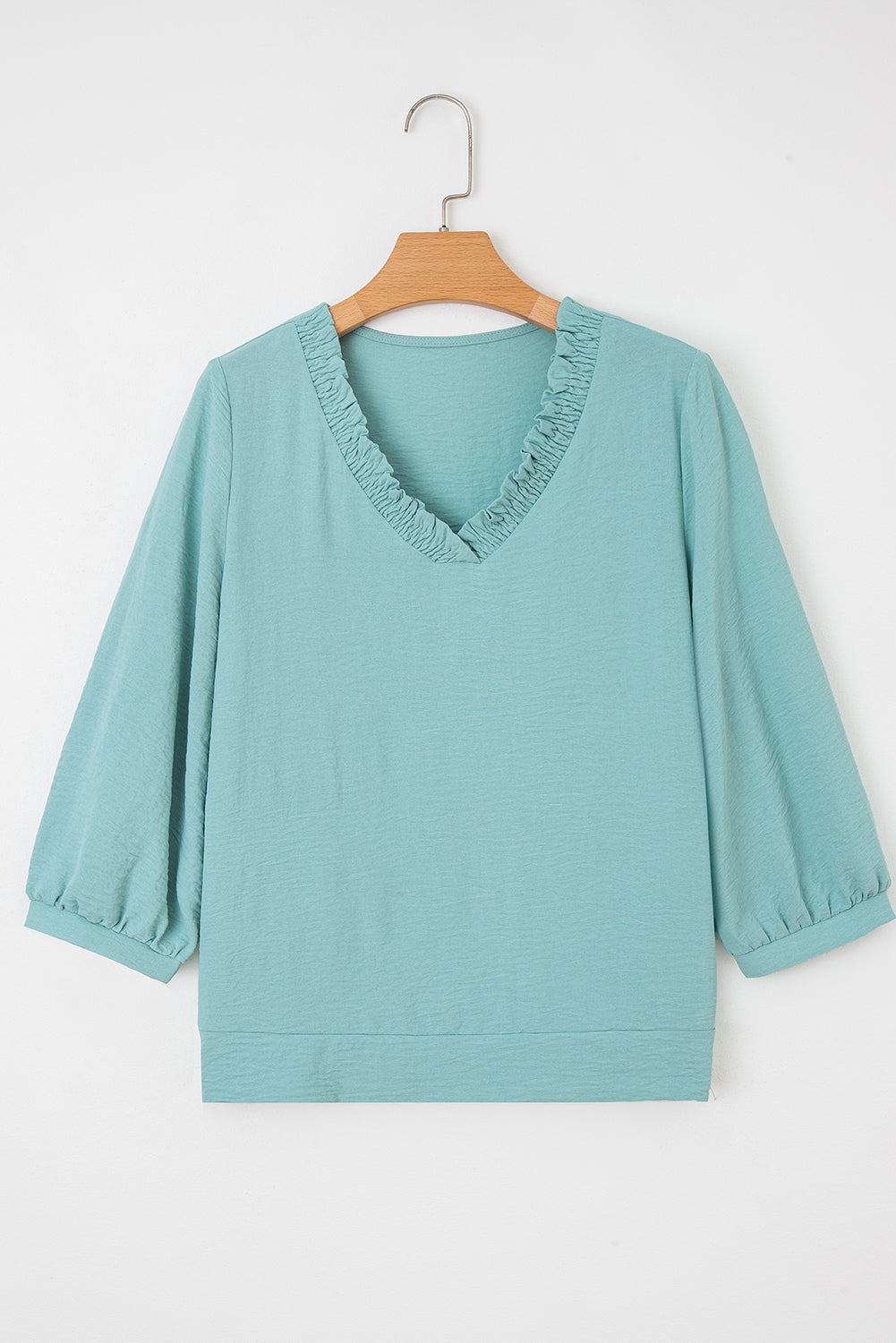 Moonlight Jade Frill V Neckline Puff Sleeve Crinkled Blouse