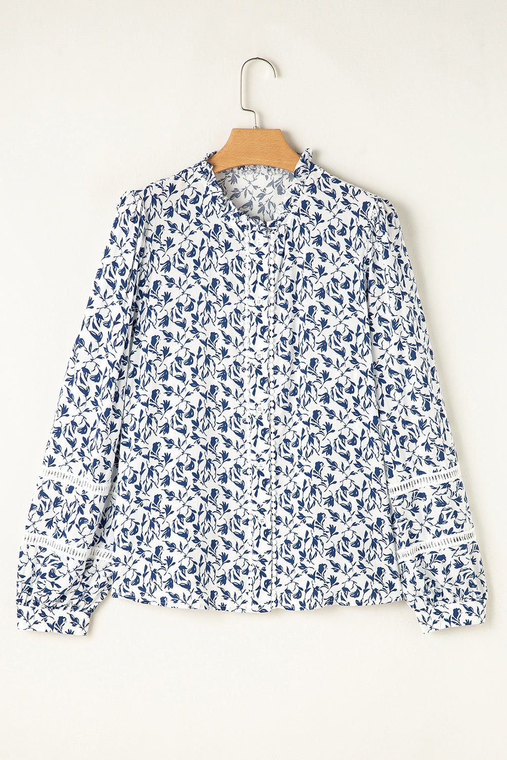 Khaki Printed Floral Print Lace Detail Puff Sleeve Shirt