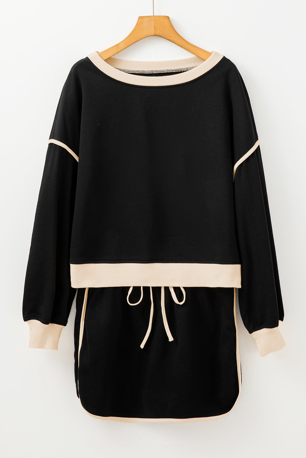 Coffee Contrast Trim Loose Pullover and Lace-up Waist Skort Set