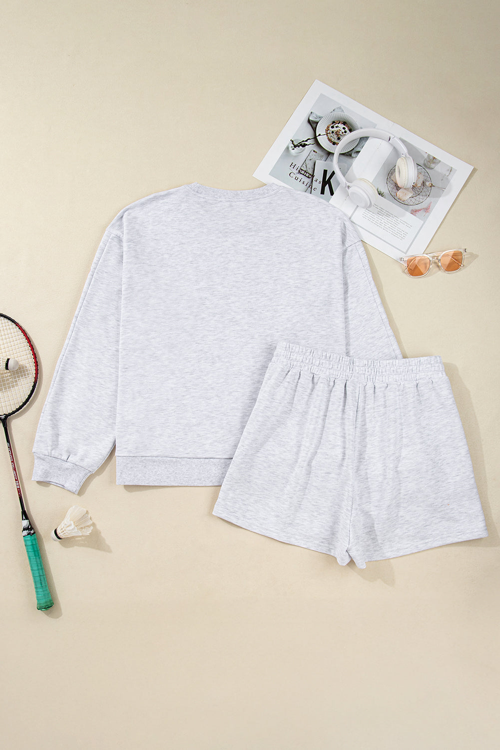 Light Grey Girly Bow Embroidered Pullover Loose Shorts Plus Size Outfit