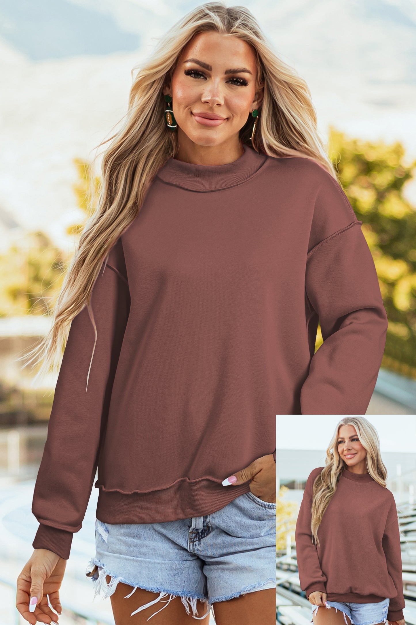 Apricot Oversize Drop Shoulder Reversible Mock Neck Sweatshirt