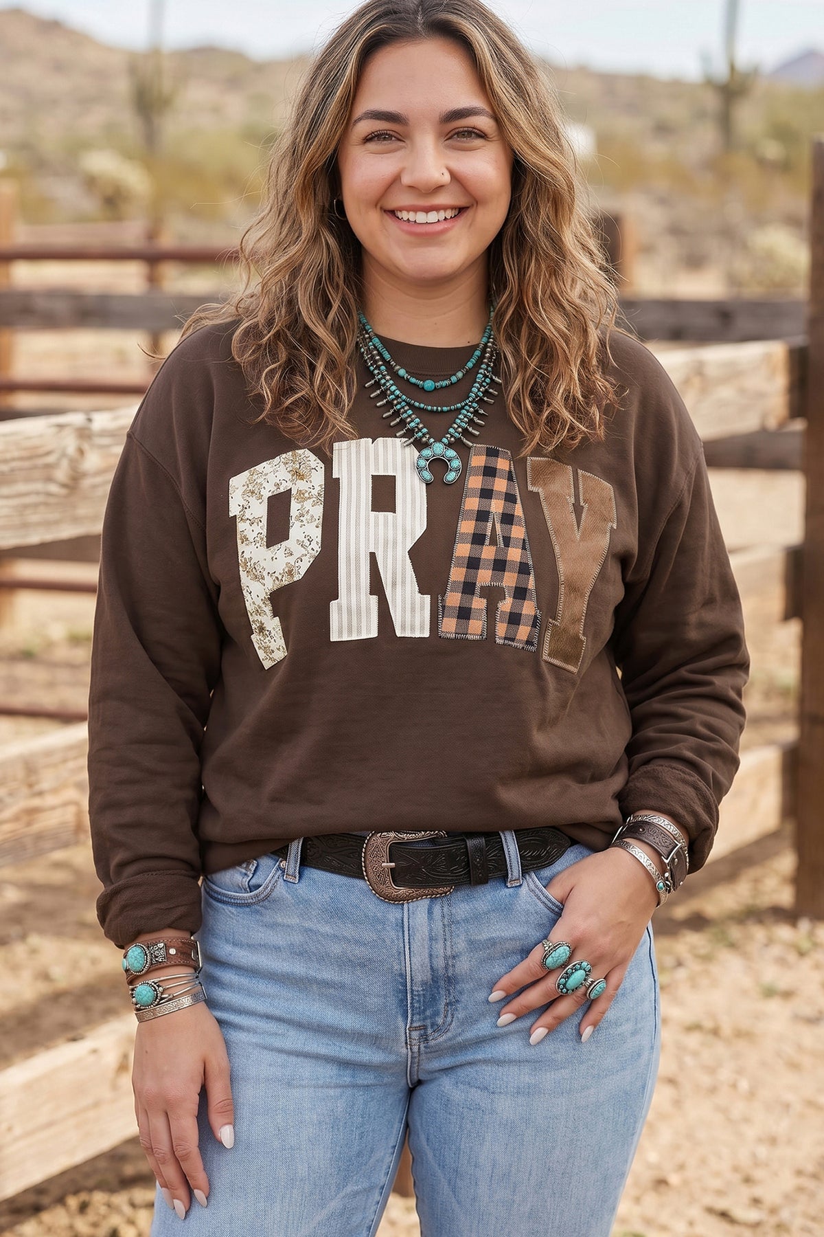 Parchment PRAY Letter Patchwork Round Neck Long Sleeve Plus Size Sweatshirt