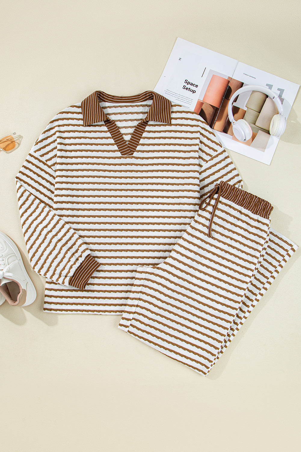 Khaki Stripe Textured Collared Pullover Top and Drawstring Pants Set