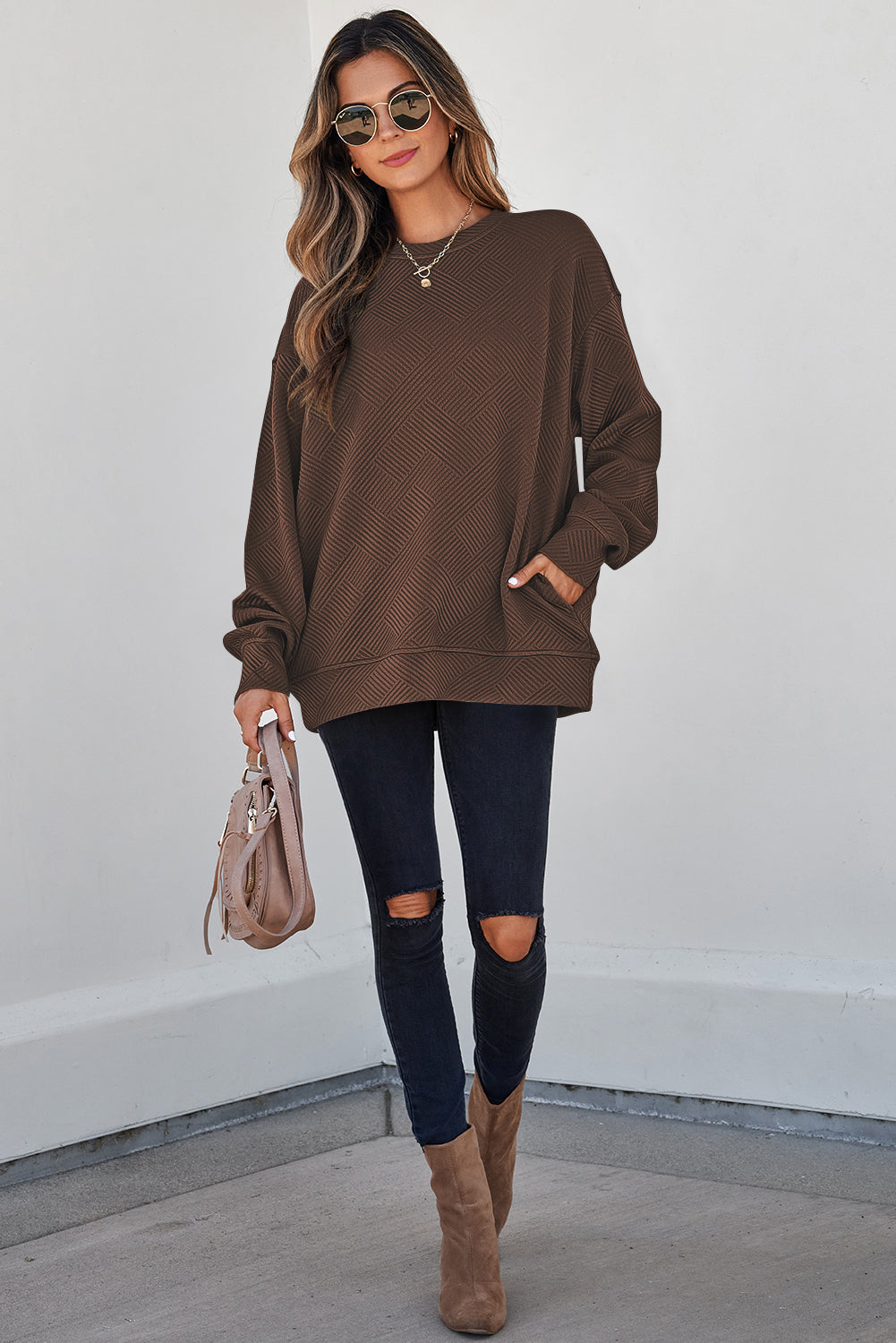 Jungle Green Solid Color Textured Round Neck Drop Shoulder Pullover Sweatshirt