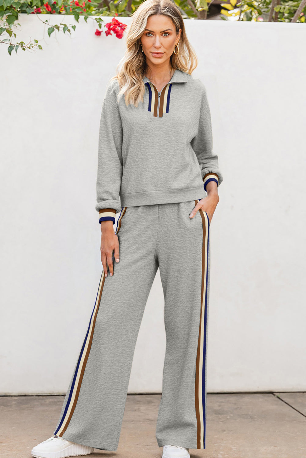 Gray Striped Patchwork Quarter Zip Pullover Loose Pants Set