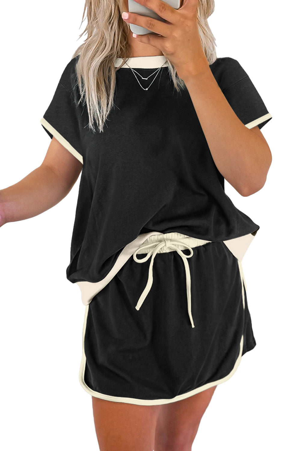 Evergreen Colorblock Edge Drop Shoulder T Shirt and Skort 2Pcs Set