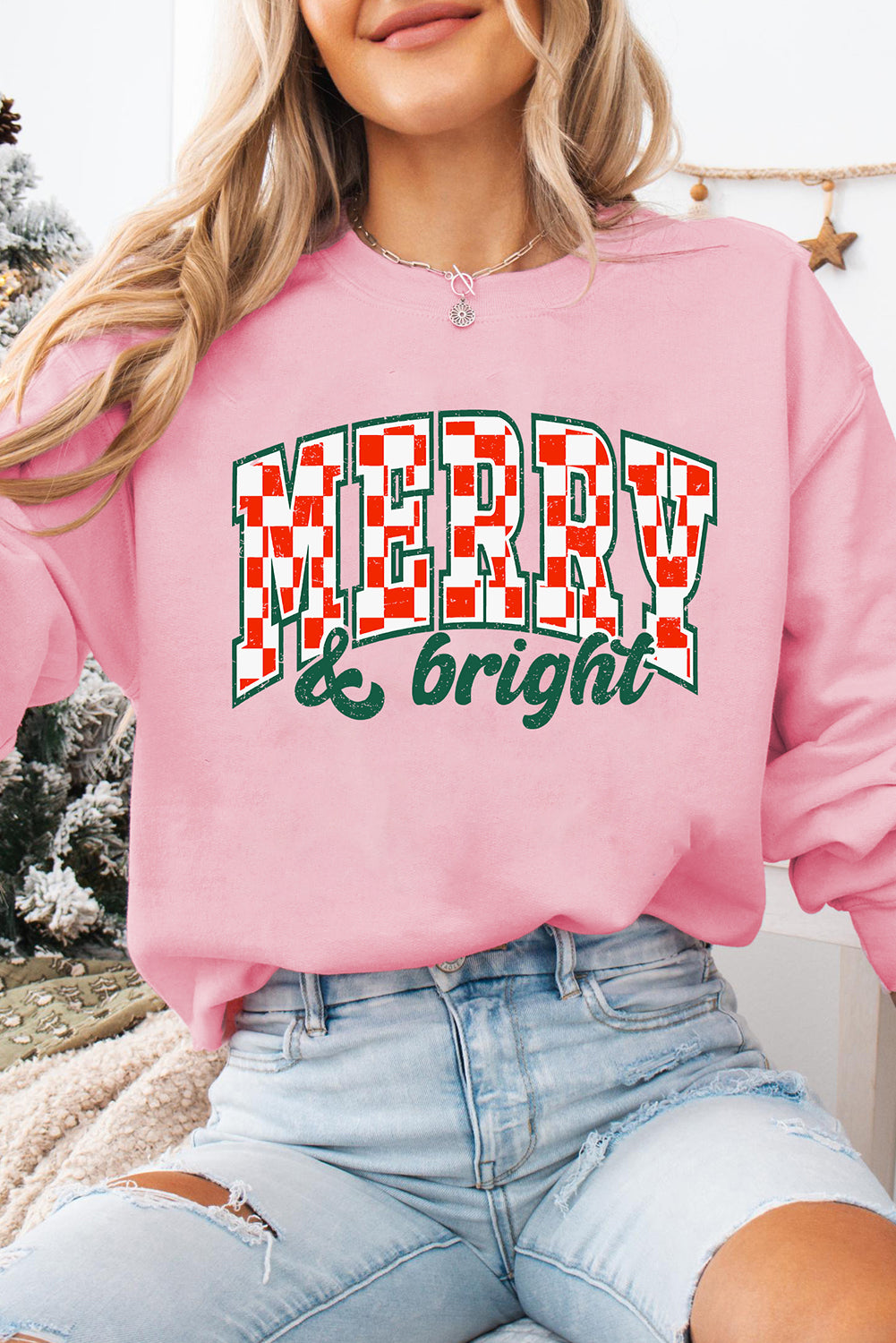 Pink MERRY & Bright Heat Transfer Printing Holiday Pullover Sweatshirt