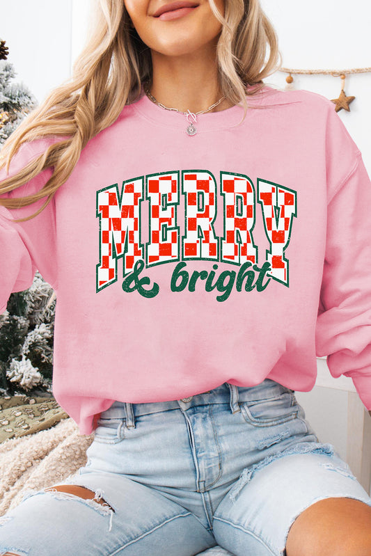 Pink MERRY & Bright Heat Transfer Printing Holiday Pullover Sweatshirt