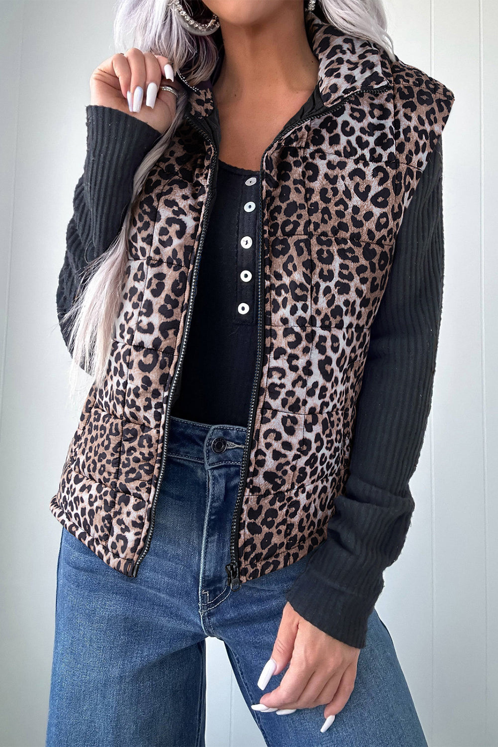 Brown Leopard Quilted Full Zipper Casual Puff Vest