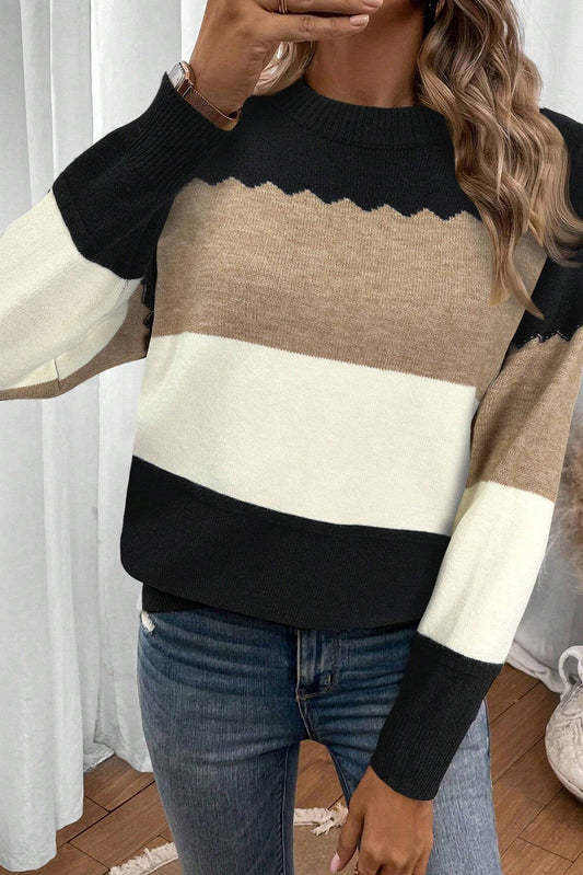 Black Colorblock Crew Neck Drop Shoulder Sweater